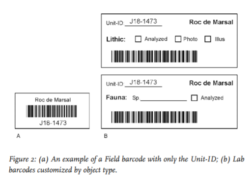 My dad had been doing this for a while, and wrote some nifty archaeological barcoding software to get rid of half the typosYou can read about it here:  https://www.researchgate.net/publication/40853132_The_Use_of_Barcodes_in_Excavation_Projects_Examples_from_Mossel_Bay_South_Africa_and_Roc_de_Marsal_FranceBelow are some sample barcode tags/3