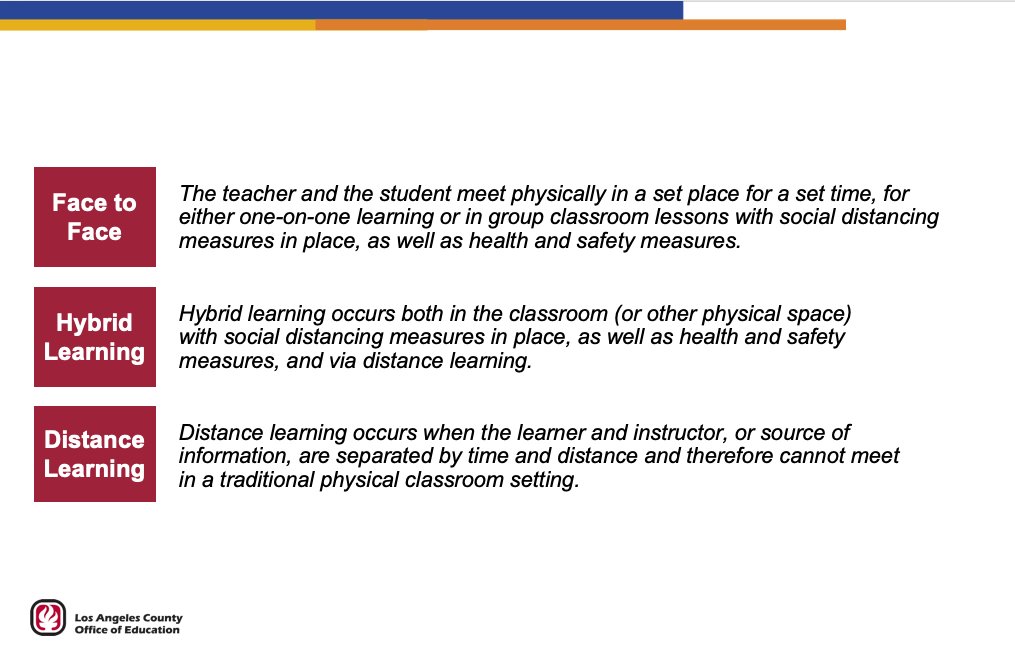 As a starting place,  @lacoeinfo outlines 3 basic strategies — and districts will have to choose a model "or combination of models that best fits their students' needs" "Face-to-face" "Hybrid" — mix of classroom and  #distancelearning "Distance learning"