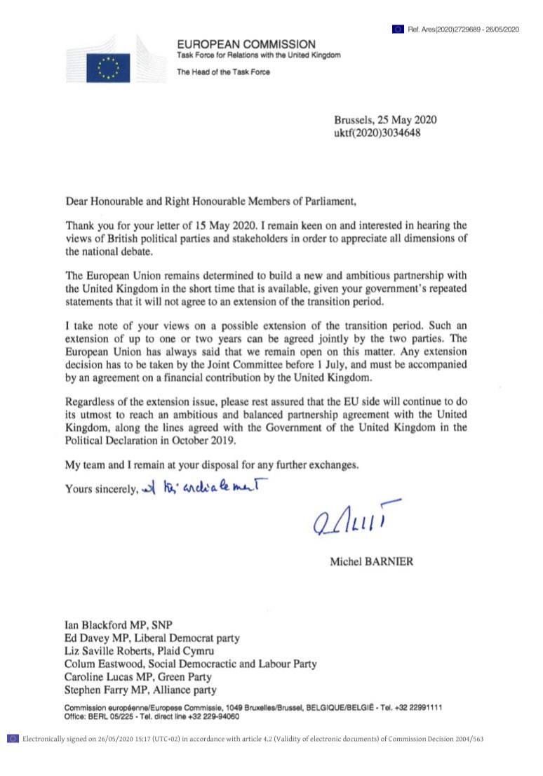 The EU empire becomes more brazen by the day, openly manipulating British politics. The EU Commission has written to its sympathisers in the UK Parliament asking if they will back an extension to the period of EU rule over the UK which is currently scheduled to end on 31 Dec.