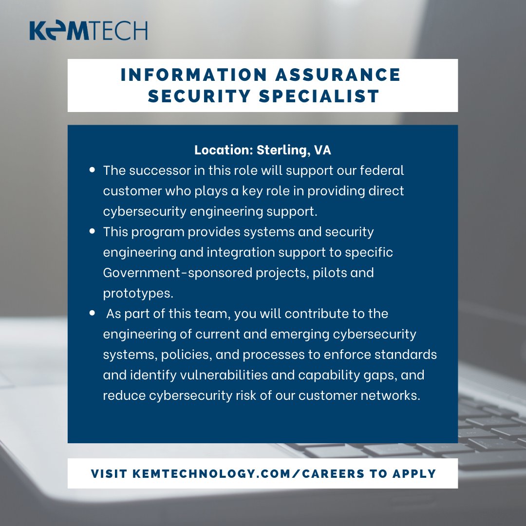 KemTechnology's tweet image. Can you fulfill the responsibilities as a KemTech Information Assurance Security Specialist? Are you interested in learning more about other responsibilities and requirements?  

Apply Now: kemtechnology.bamboohr.com/jobs/view.php?…

#Newroles #technology #KemTech