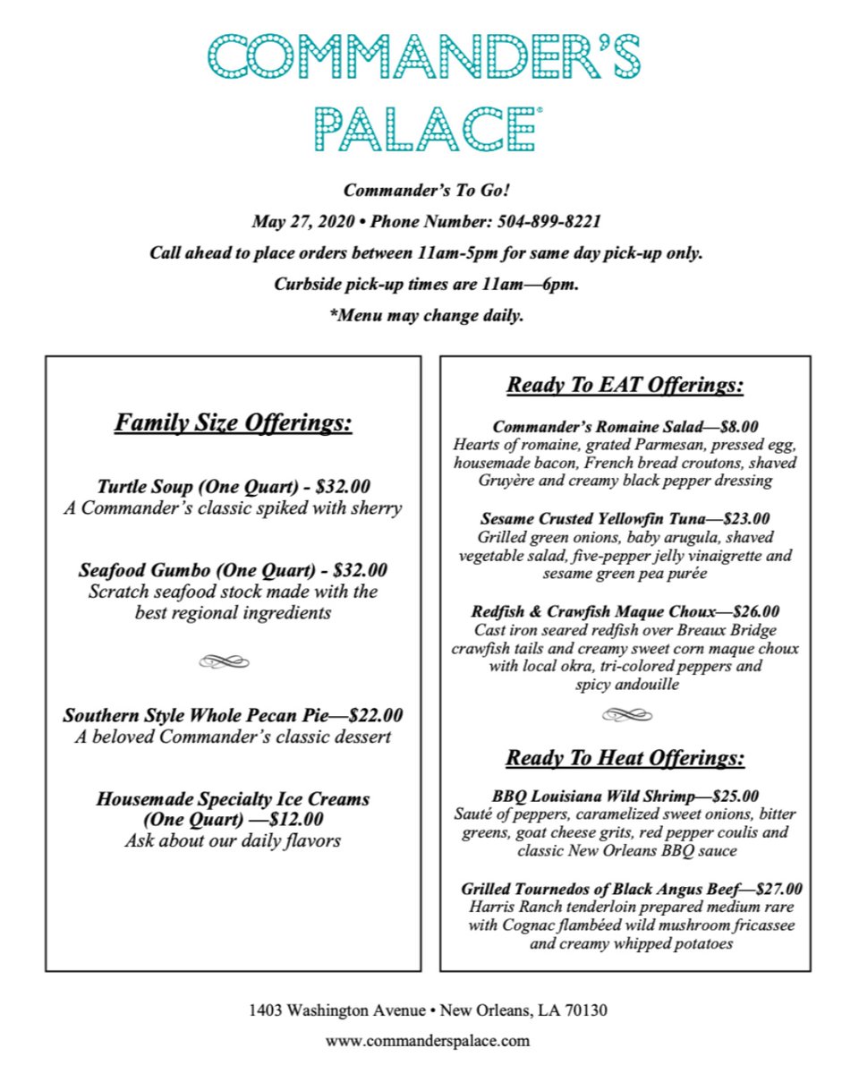 Today's menu is here! Try our Sesame Crusted Yellowfin Tuna for dinner tonight 🐟🍽️Call 504-899-8221 to order for same day curbside pickup!
