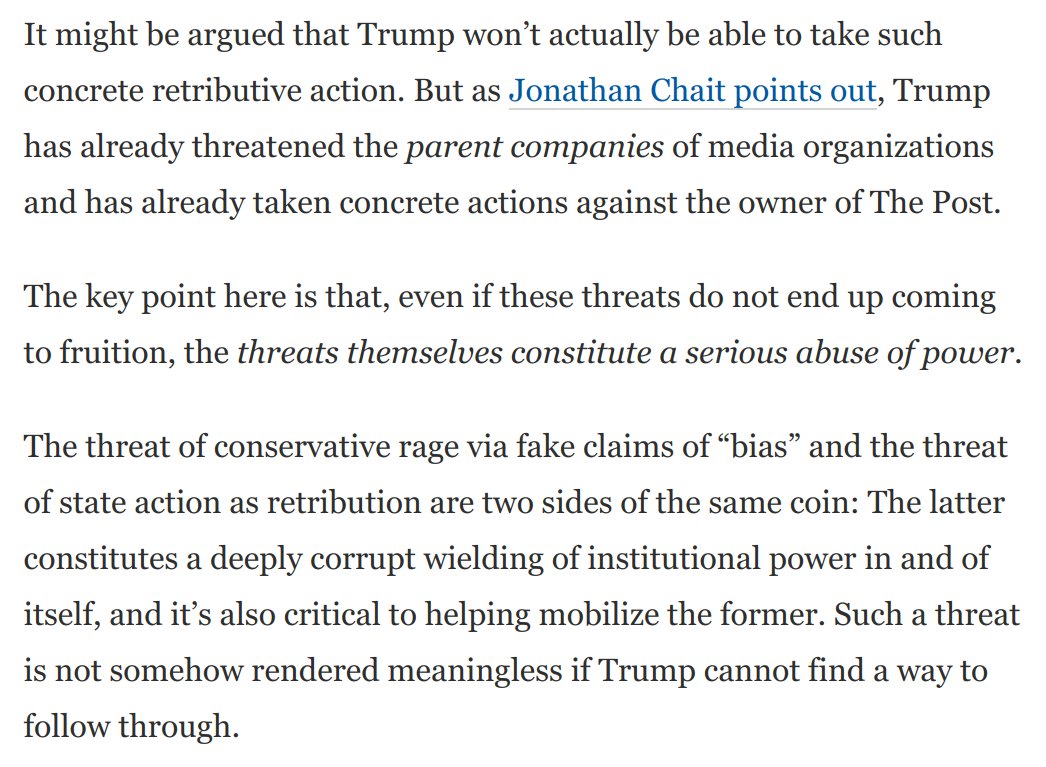 People are claiming Trump's threats of retribution against Twitter for fact checking him aren't a big deal, because he won't be able to do anything.But this misses the point. The *threats themselves* constitute a very real and serious abuse of power: https://www.washingtonpost.com/opinions/2020/05/27/trumps-latest-display-isnt-just-deranged-its-also-an-abuse-power/