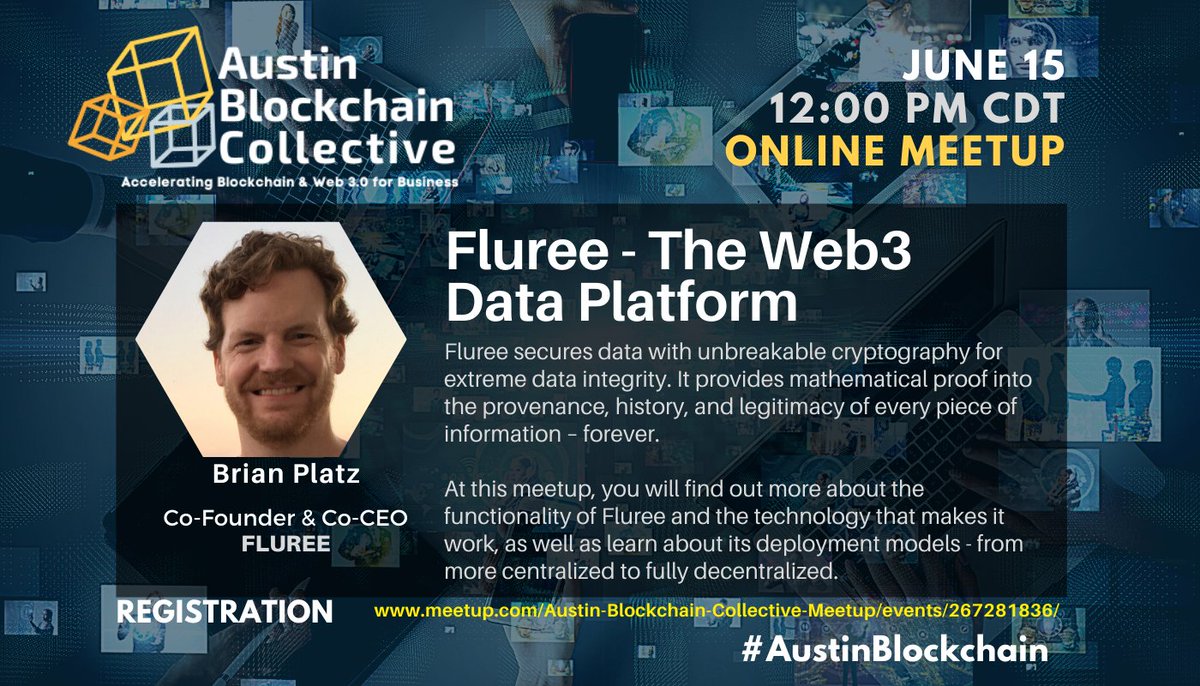 Be sure to #RSVP for our June 15 #onlinemeetup at Noon CDT with <a href="/FlureePBC/">Fluree</a> - The #Web3 Data Platform

Fluree's Co-Founder &amp; Co-CEO, Brian Platz, will present and answer your questions.
meetup.com/Austin-Blockch…

#austinblockchain #blockchain #edgecomputing #semanticweb #Fluree #ATX