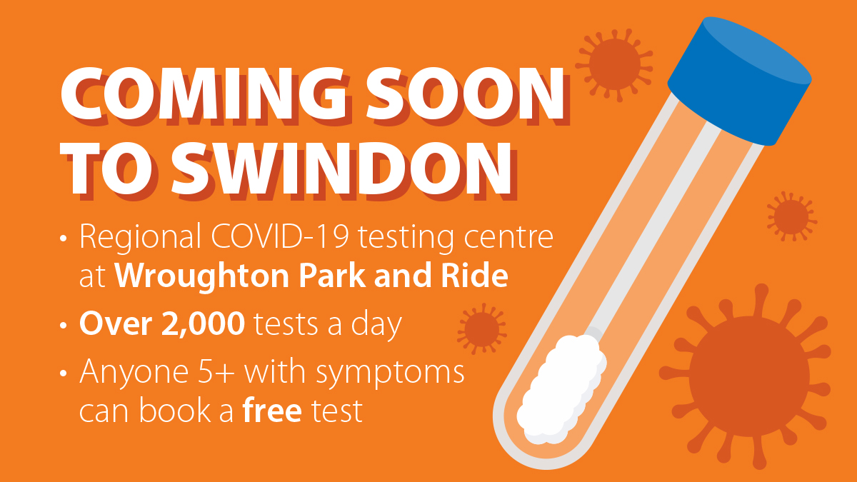 SwindonCouncil's tweet photo. On Saturday (30 May), a regional #Covid19 testing centre will open for at least 6 months at the Wroughton Park &amp; Ride. Anyone over the age of 5 with #coronavirus symptoms is eligible for a free test: https://t.co/Bc7ZSrPszH https://t.co/nXCnQS0Kug