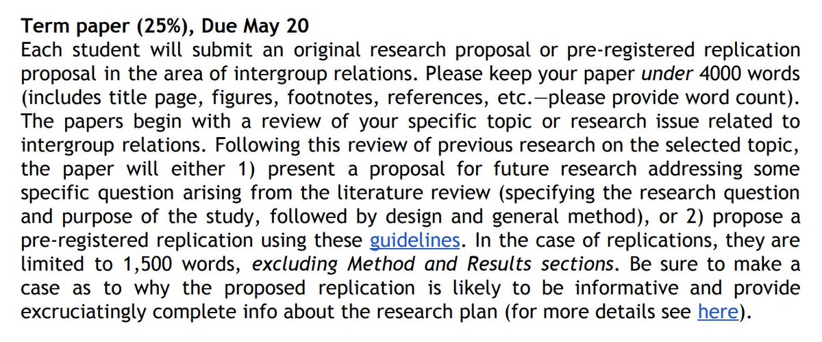 [7] I was surprised by how generative the final term papers were--the replication proposals always included new measures, stimuli, and studies to expand beyond the original work in creative and original ways.Thinking about replication wasn't an end point, but a beginning.