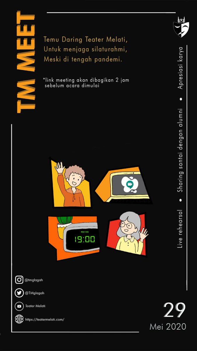 TMglagah's tweet photo. Memanggil seluruh TMers untuk temu daring pada hari Jum'at, 29 Mei 2020 pukul 19.00 WIB via Google Meet. Info lebih lanjut akan dikomunikasikan melalui grup WhatsApp. https://t.co/bQmHImTrAg
