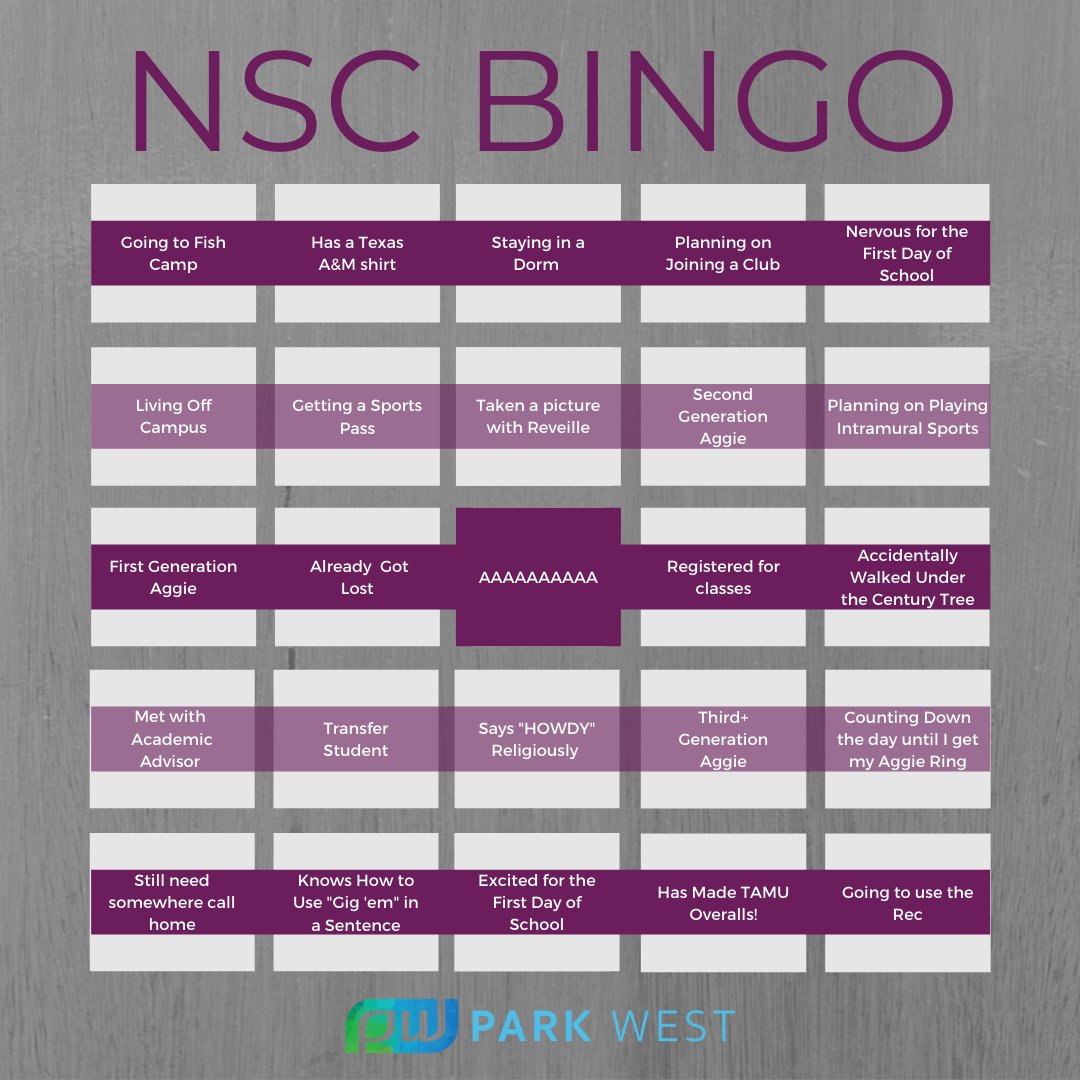 Attention all #TAMUNSC #NSC24 students fill out this bingo and send us back your completed card via DM and be entered to win a Park West Gift package. *Complete any line* #parkwestlife