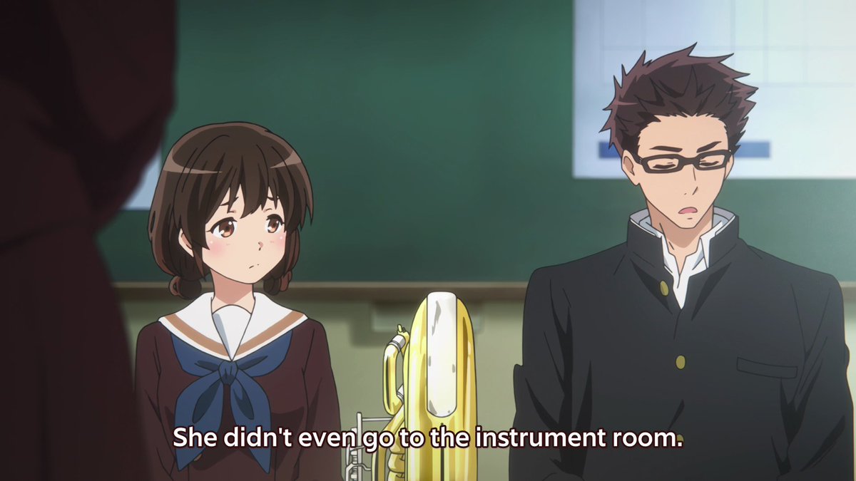 We learn our first details about Natsuki from Gotou. She's a person who doesn't stick around for practice, seemingly doesn't care for the band, and has little to passion for playing the euphonium. Band is not her top priority, she never planned to stay and to work harder.