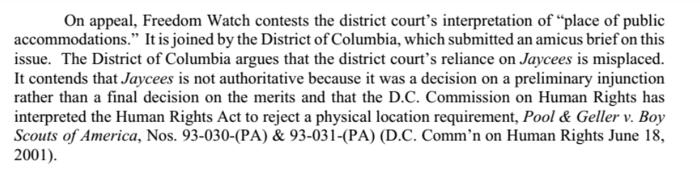 FW appealed, arguing that the interpretation of "place of public accommodation" was too strict. DC actually filed an amicus brief agreeing w/ FW on that point (not necessarily on the merits).