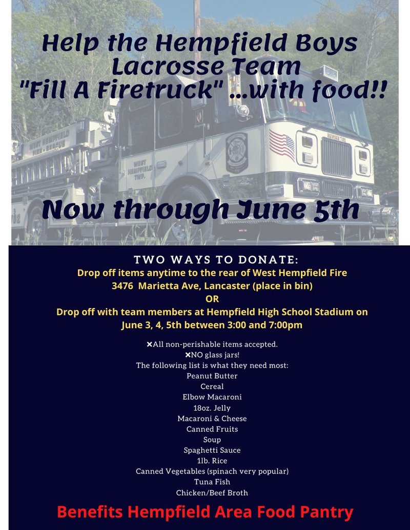 The Hempfield Boys Lacrosse team is organizing a food drive to support the Hempfield Area Food Bank. Check out the flyer and the article at Lancaster Online for details on how to contribute.
lancasteronline.com/sports/hempfie…
<a href="/HempfieldLax/">HempfieldBLax</a> <a href="/hempfield/">Hempfield SD</a> @JWalkLNP
