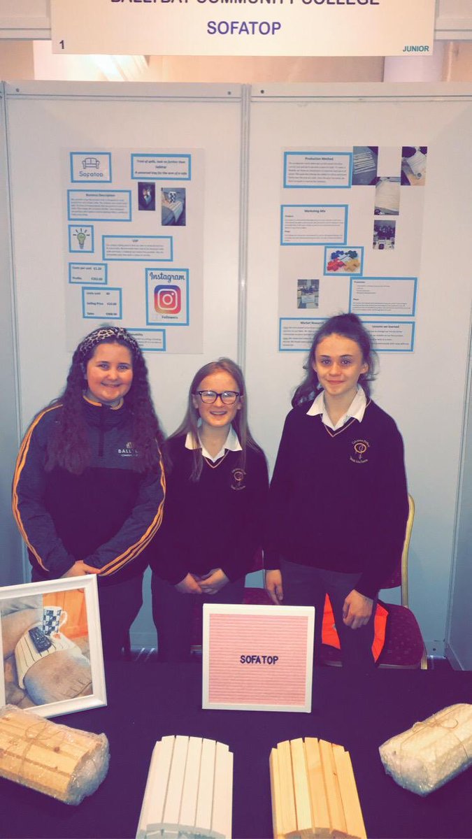 BallybayCC's tweet photo. Huge congratulations to our first year mini company, ‘Sofatop’ ,they have just won first place in the All Ireland Junior Student Enterprise Awards. Massive achievement for the 3 girls, for BCC and for Co. Monaghan.We are so proud of you👏🏻👏🏻 #Achievement #BCC @StudentEntProg https://t.co/7Sb7pRFbtO