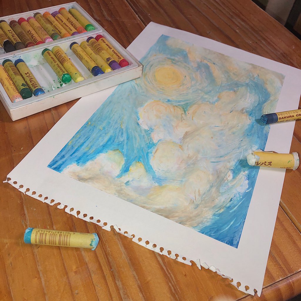 Umbrella クレヨン画 Sur Twitter 昔から絵を描くのが好きでアカウント作ってみました 今回はサクラクレパスのしろ みずいろ あお きいろ はだいろを使ってお絵描きしました 空 風景画 お絵描き おうちじかん クレヨン画 クレヨン