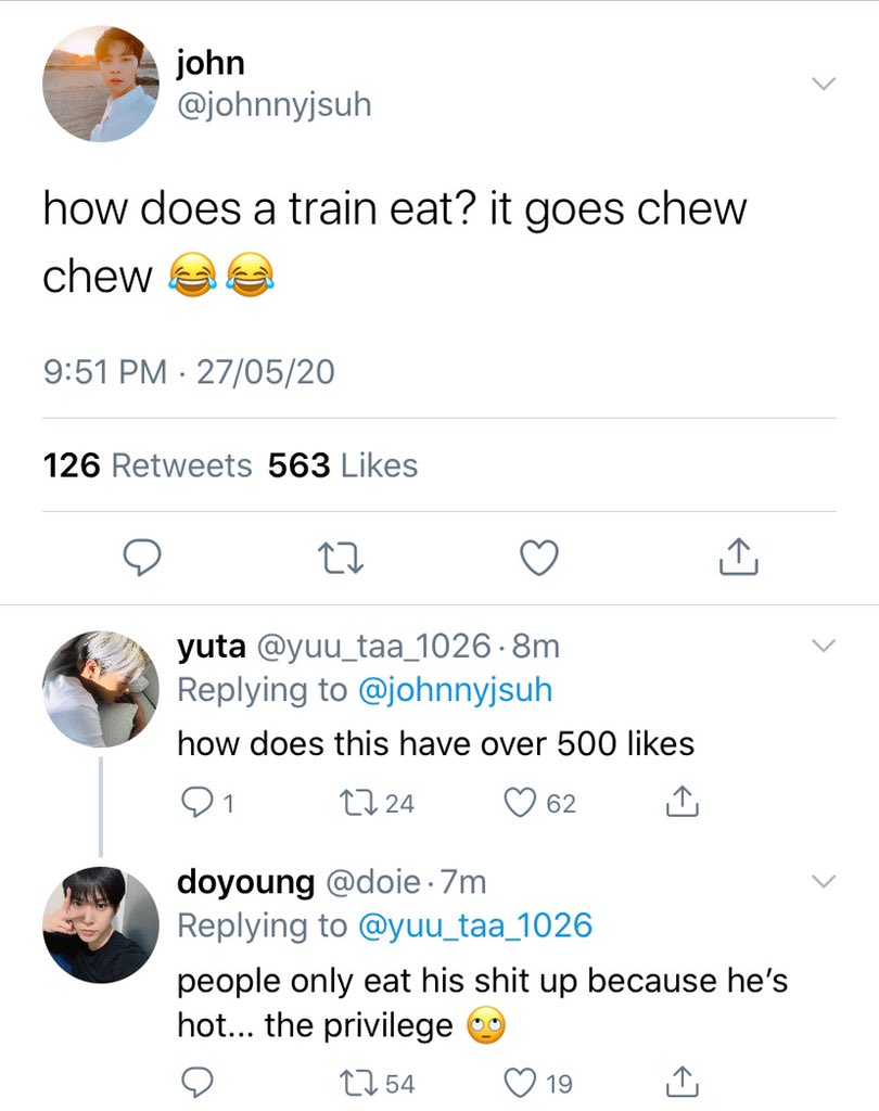 Introducing you jaehyun’s friends johnny— senior— jaehyun’s best bro— here to have a good timeyukhei— junior— he’s on the same crack as jaehyun is on— seems dumb but is actually a med student  (help)