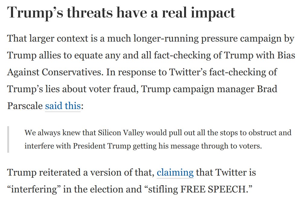 Trump's campaign is signaling that all scrutiny of his lies will be cast as Bias Against Conservatives.This ref-working goes back years, of course. But now they're claiming the right to lie with impunity about measures that could literally save lives. https://www.washingtonpost.com/opinions/2020/05/27/trumps-latest-display-isnt-just-deranged-its-also-an-abuse-power/