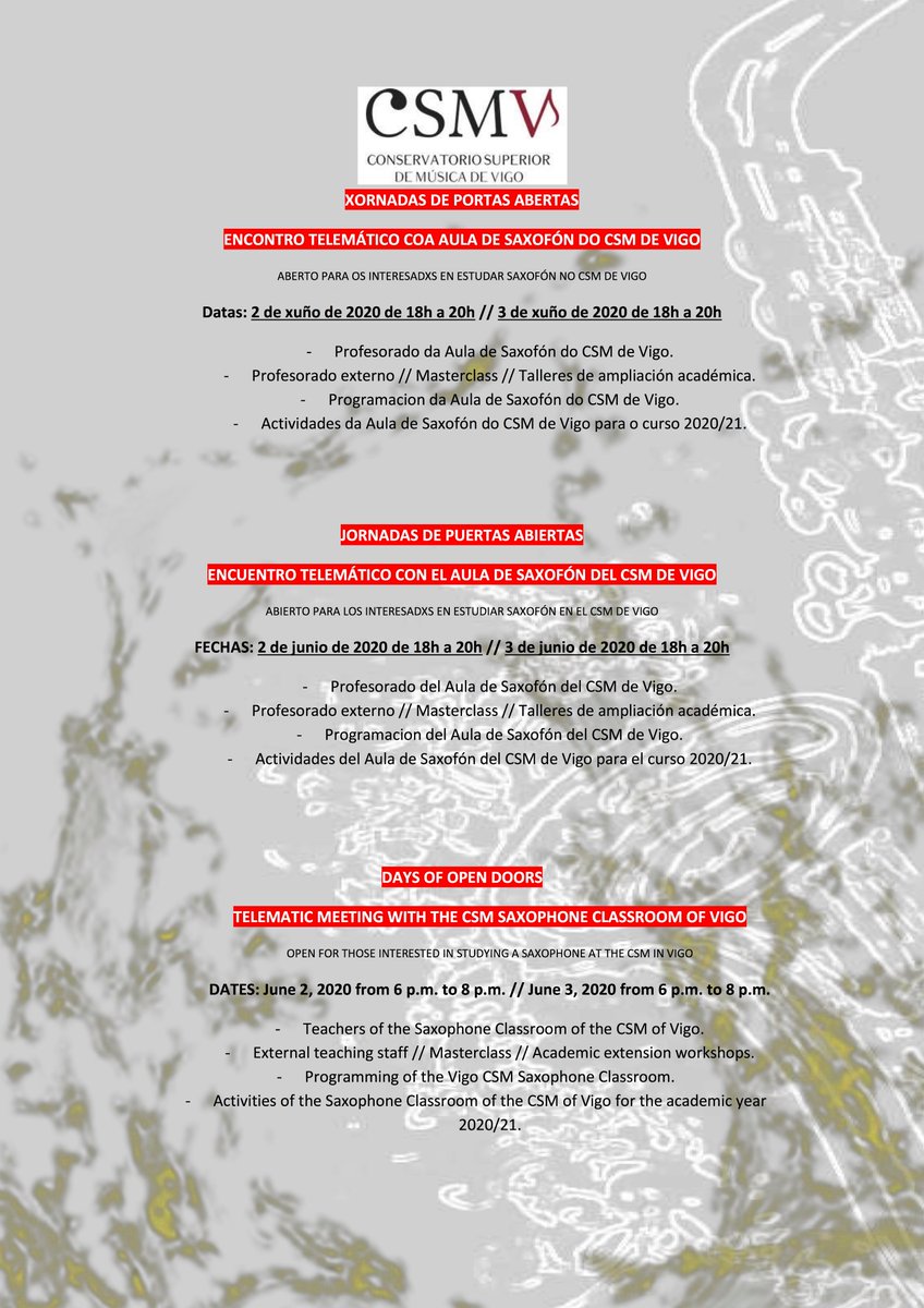 ‼️ Xornada de Portas Abertas‼️
➡️Encontros ONLINE
➡️Do 1 ao 5 de xuño
➡️Encontro telemático coa Aula de Saxofón do CSM
📌Inscripción:forms.gle/sUhC1vvUMYRKaN…
Maís info: csmvigo.com