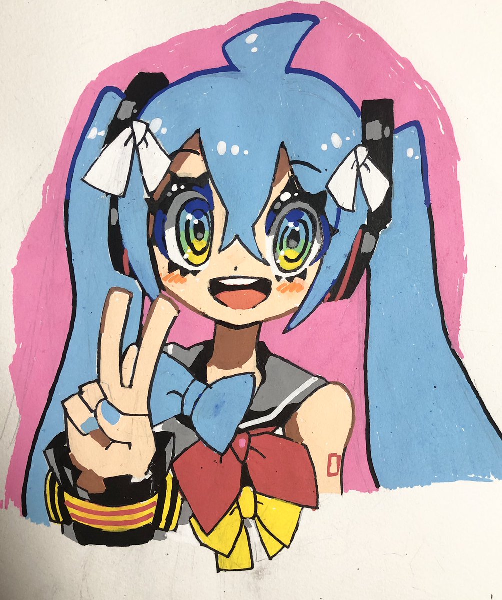 hatsune miku 1girl solo bow twintails v smile blue hair  illustration images
