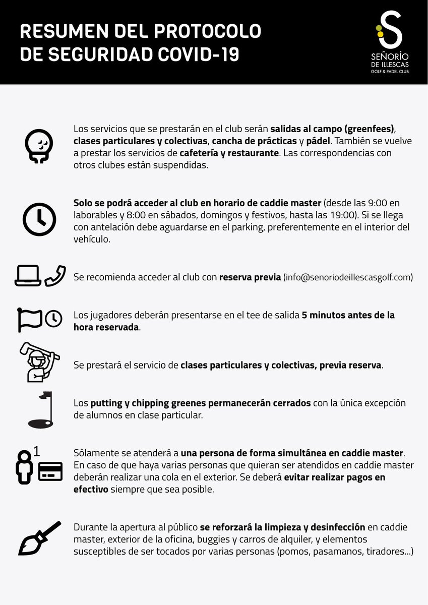 Poco a poco volvemos a la normalidad 😀 Ya puedes disfrutar también de los siguientes servicios en nuestro club:

✅ Clases colectivas y particulares
✅ Pádel
✅ Cafetería y restaurante

ℹ️ En la imagen encontraréis el resumen de los protocolos de seguridad que debemos cumplir.