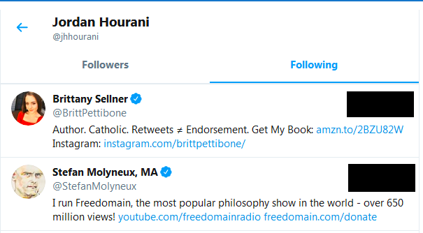 9/ On Twitter, Hourani follows far-right figures like Stefan Molyneux, banned from PayPal last year for promoting antisemitism, and Brittany Pettibone.Pettibone is engaged to far-right leader Martin Sellner, a far-right leader who corresponded with the Christchurch shooter.