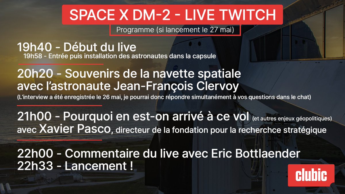 SpaceOddityFR's tweet photo. Bon, ça semble de plus en plus compromis pour un lancement aujourd'hui, mais si ça devait se maintenir, voilà le programme condensé ! (c'est moche mais informatif 😬)

Encore une fois, très impatient, mais la sécurité avant tout ! 🚀

Ca se passera ici : https://t.co/KbiGJbJ70Y https://t.co/Ph237vGBt0
