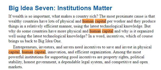 @besttrousers @GabrielRossman Of course, it will vary by professor. But I don't know how you teach the Solow growth model, which is like half of Macro principles, without talking a lot about human capital

And here is from CHAPTER ONE of the @tylercowen and @ATabarrok principles text (more detail in Ch. 18)