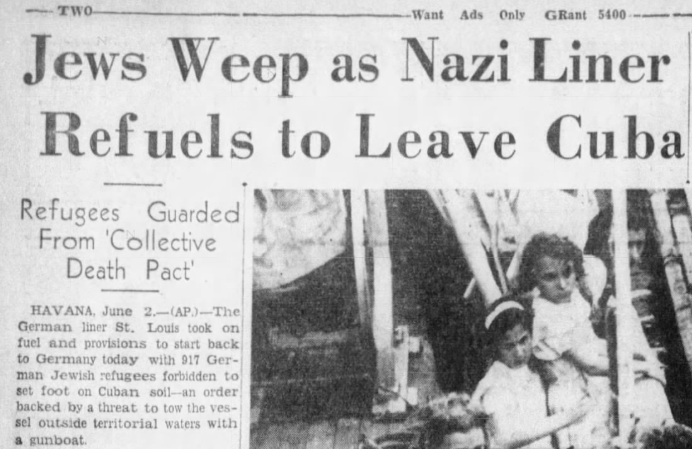 President Roosevelt never responded to the passengers’ pleas and the ship was forced to return to Europe. Newspaper coverage, Clockwise: Baltimore Sun 6/2/39Pittsburgh Sun-Telegraph 6/2/39Spokane Spokesman-Review 6/2/39(8/)