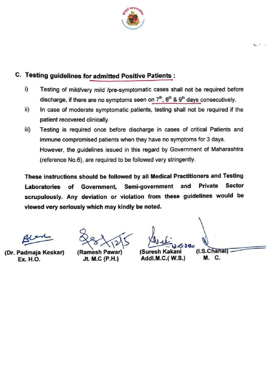 mybmc's tweet photo. Revised Testing Guidelines
-COVID test not mandatory for emergency surgery
-All pregnant women(even asymptomatic)likely to deliver in next 5 days to be tested
-COVID test not mandatory for treating haemodialysis patients
-Prescription of pvt/gov medical practitioners will suffice https://t.co/eNVKX2cnRc