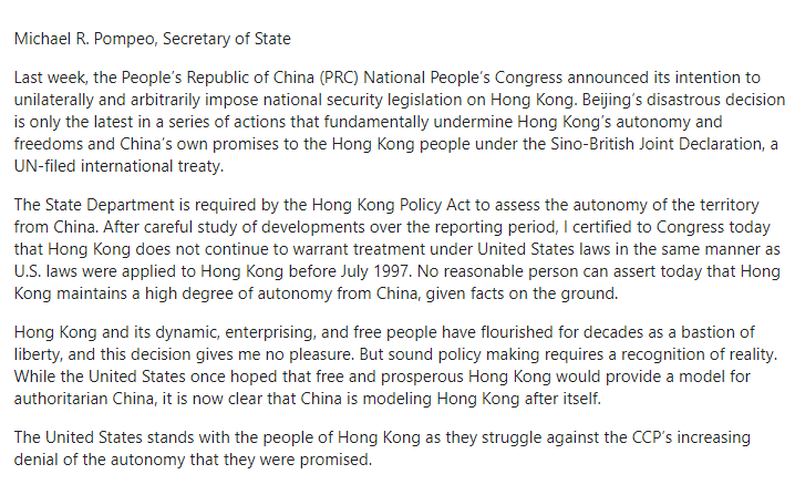 nick_logan's tweet photo. @business Full statement from @SecPompeo on #HongKong autonomy. #HKProtests https://t.co/FFJuWycWeS