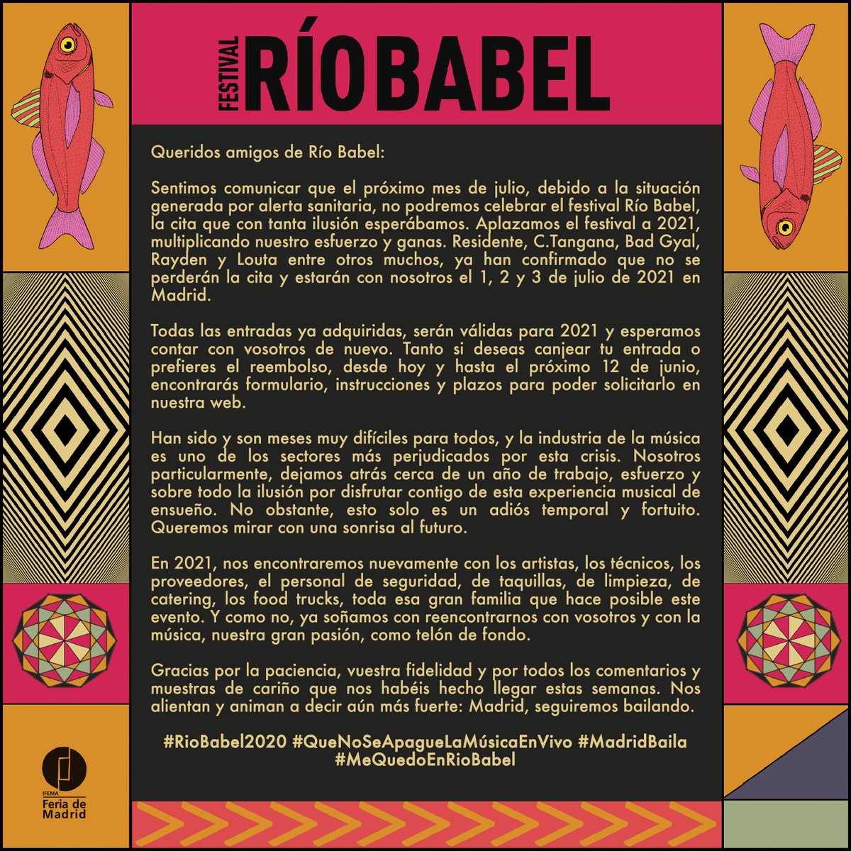 Queridos amigos de Río Babel: Sentimos comunicar que el próximo mes de  julio, debido a la situación generada por la alerta sanitaria, no podremos  celebrar el festival Río Babel, la cita que, image size:1200x1200