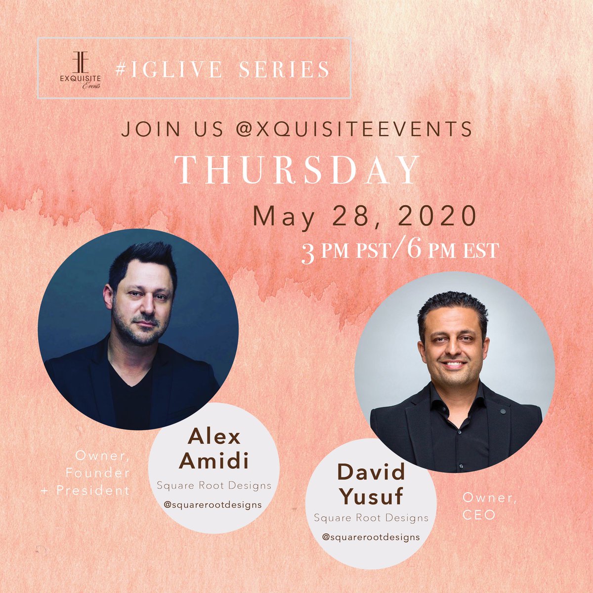 Tomorrow! Tune into our Instagram Live with Square Root Designs’ Dynamic Duo, Alexi Amidi &amp; David Yusuf!