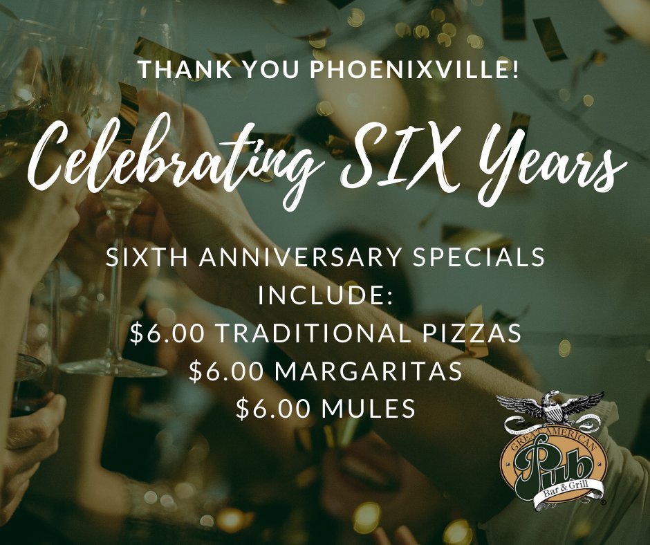 Today, we're celebrating 6 years of savory food and success in Phoenixville! 🎉 As thanks to all our customers for the unconditional support, we're offering $6 mules, margaritas, and traditional pizzas today at the Pub! Call in for takeout!