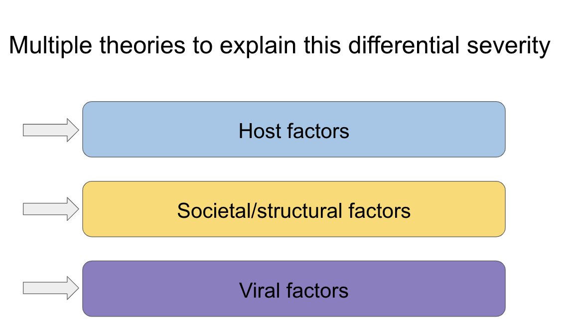 Multiple theories attempt to explain this spectrum. In general there are theories that focus on host factors, those that consider societal factors and those that consider viral factors.