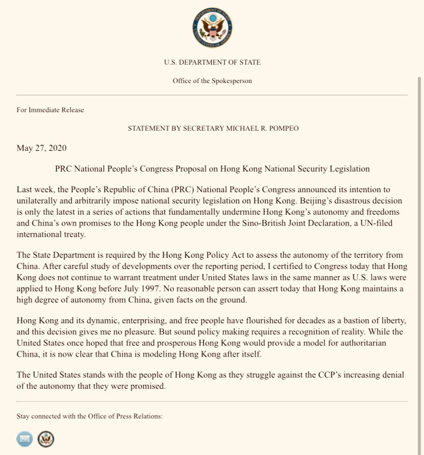 MRJKilcoyne's tweet photo. What a dark day for free Hong Kong. The USA says that the torch of liberty has been snuffed out. Investors money will follow these words as restrictions come into force. 

The Communists have won, but at an incredible cost. The silence from Britain is unbelievably deafening. https://t.co/Ba3R4t8Mr9
