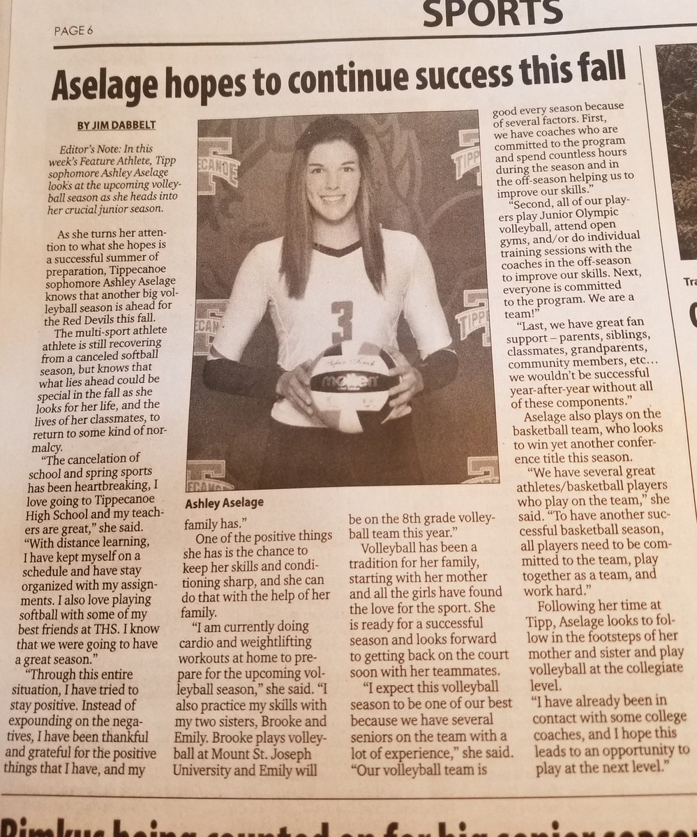 Nice article on <a href="/ashleyaselage/">Ashley Aselage ✰</a> in this weeks paper. <a href="/TippHS/">Tippecanoe HS</a> <a href="/TippRedDevils/">Tippecanoe Athletics</a> <a href="/tipp_vball/">Tippecanoe Volleyball</a>