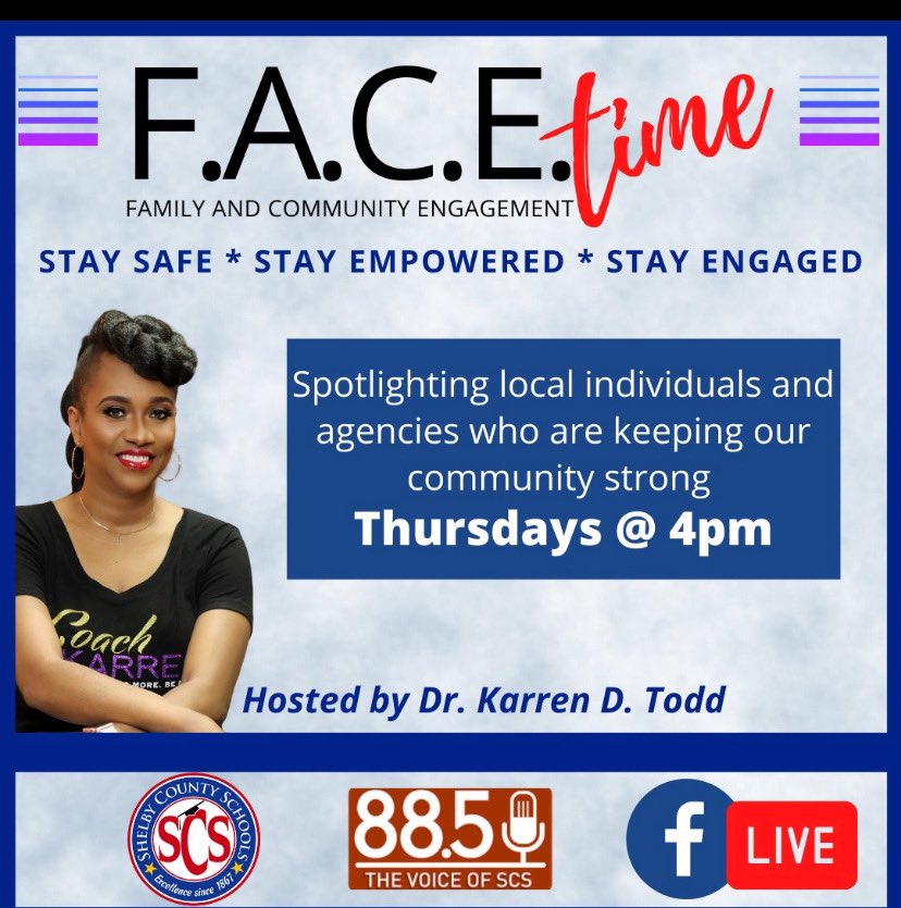 Tune in tomorrow at 4pm for F.A.C.E Time with <a href="/CoachKarren/">Dr. Karren Todd</a> and special guest Jeremy Mitchell of <a href="/Cloud901TeenLab/">#CLOUD901</a>. Streaming on Facebook Live on FaceScs &amp; @voiceofscs #scsisfamily #familyengagement #communityengagement