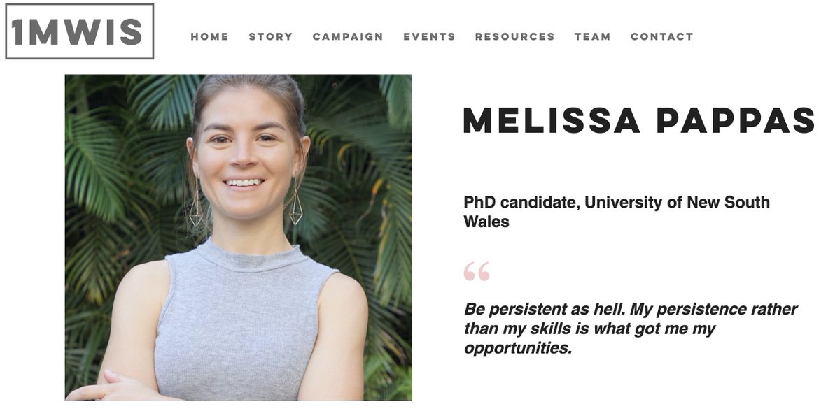 THREAD 8/100Hey Melissa Pappas - a PhD candidate - who researches the diversity & thermal tolerances of symbiotic algae that live in corals in the Great Barrier Reef. She reminds us to continue to work at something & we agree!Ft & thx  @MelissaPappas10  http://www.1mwis.com/profiles/melissa-pappas