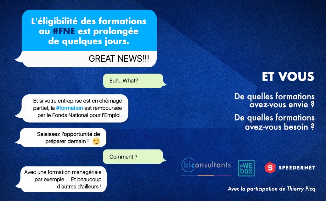 GREAT NEWS 📅 : 
l'éligibilité des formations au #FNE est prolongée de quelques jours.
🤯  Euh... what? 
En fait ça ne s'est jamais arrêté  !

SAISISSEZ L’OPPORTUNITE POUR PRÉPARER DEMAIN. Avec une formation sur le #management 😊 :

lnkd.in/dt5TgUv