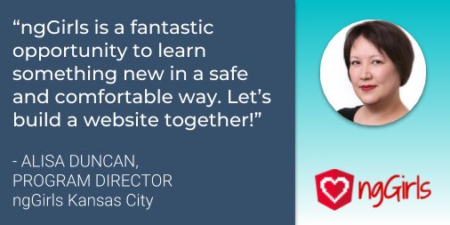 KCWomeninTech's tweet image. We are excited to that Alisa Duncan, @AngularGirlsKC, has joined the national ngGirls core organizing team! Apply today to join our virtual #ngGirlsKC weekend workshop to learn to code with mentors like Alisa and many other amazing #womenintech. 

docs.google.com/forms/d/e/1FAI…