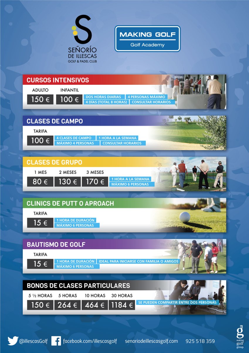✨ Aprovecha los meses de junio, julio y agosto para iniciarte o mejorar tu golf. Hemos preparado unos cursos muy especiales.

Cursos intensivos, clases de campo, clinics de putt y aproach, clases particulares o de grupo, y bautismos.

Infórmate de los horarios en Caddie Master.