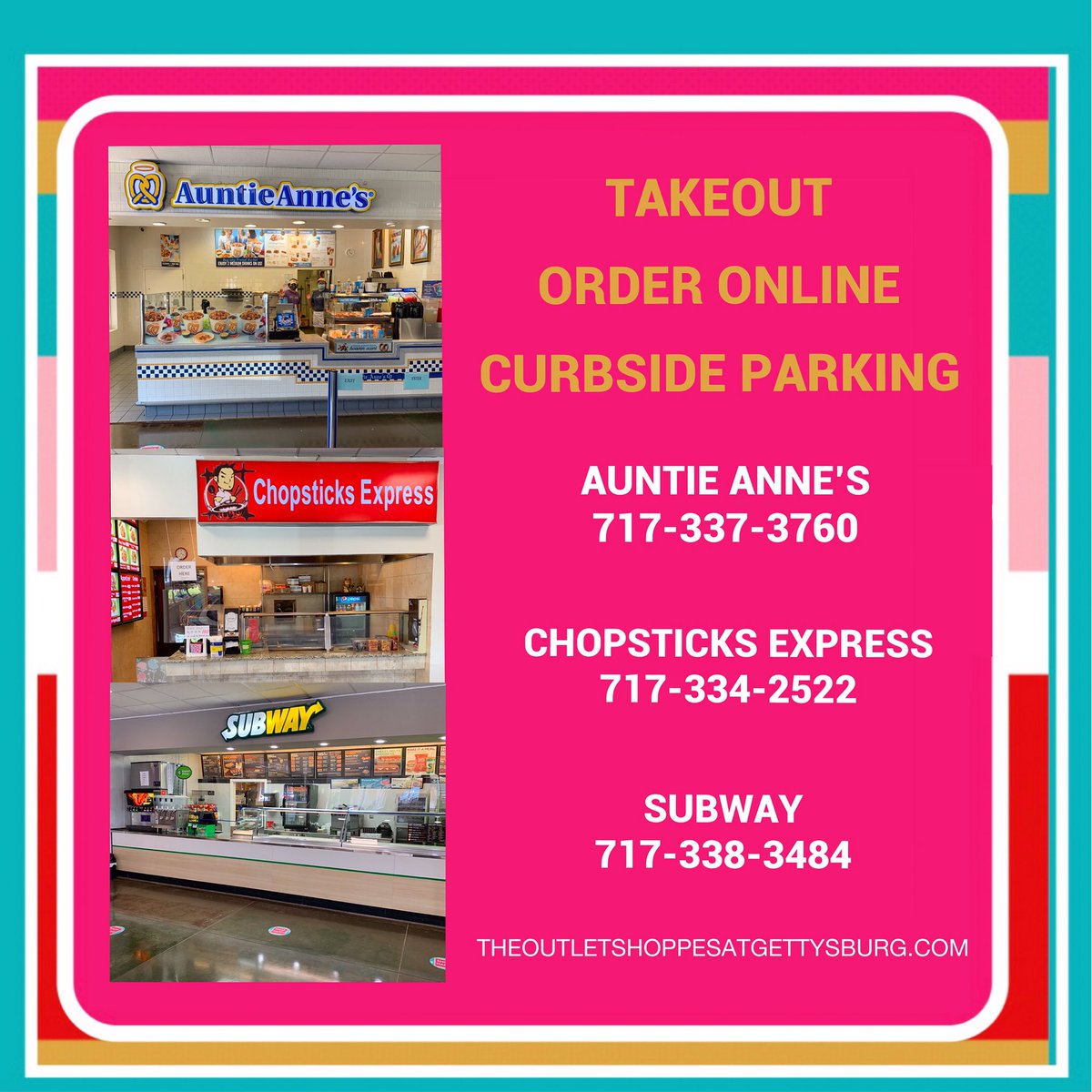 OutletGburg's tweet photo. Auntie Anneโs, Chopsticks Express & Subway are OPEN FOR BUSINESS! Stop by for TakeOut or call for Delivery & Curbside PickUp details today! ๐ฅจ๐ฅ๐ฅช
#gettysburgoutlets #gettysburg #foodcourt #restaurants #curbsidepickup #curbside #takeout #auntieannes #subway #chopsticksexpress https://t.co/MPcJUnvlSq