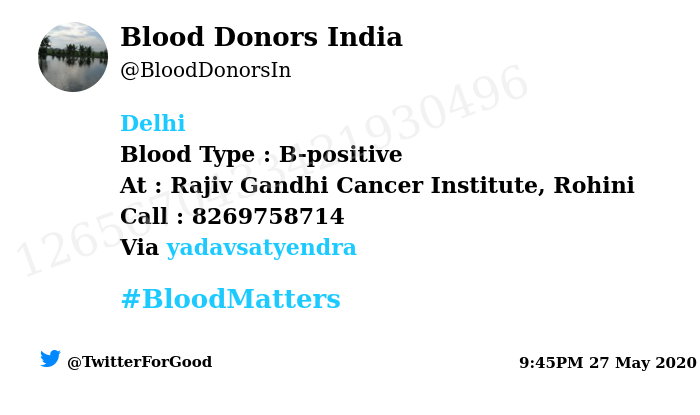 #Delhi
Need #Blood Type :  B-positive
At : Rajiv Gandhi Cancer Institute, Rohini
Number of Units : 2
Primary Number : 8269758714
Patient : Sudeep Chakraborty
Illness : Germcell Cancer
Via: @yadavsatyendra
#BloodMatters
Powered by Twitter