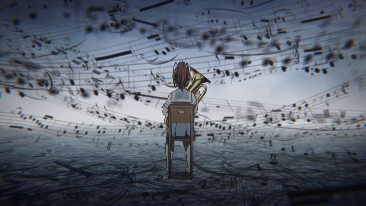 This shot is the perfect representation of one's inner mind when they play music they haven't practiced enough so the notes start to crumble as they feel more exposed. This feeling Natsuki had during the audition is one she never wants to feel again and it pushes her forward.