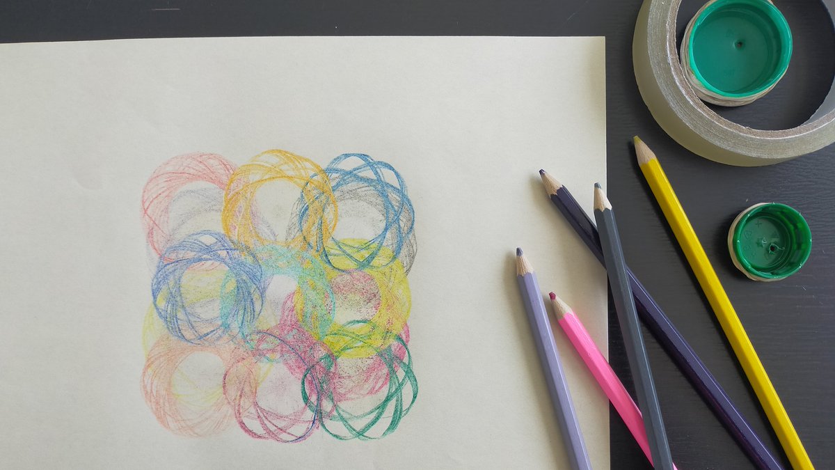 Picked up some bottle tops,  pencils, paper and selotape to have a go <a href="/tommybaseline/">Tommy Anderson</a> creative activity with CELLBigLocal. This one is inspired by a group member @bait_timeto who's Spirograph is full of colour

#BeKindtoyourMind 
#CultureinQuarantine