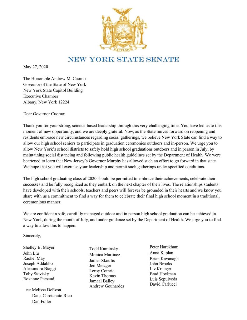ShelleyBMayer's tweet image. Today I sent a letter to @NYGovCuomo urging that NYS permit outdoor, in-person HS graduation ceremonies in July. Our students have already had to make tremendous sacrifices due to the pandemic. I believe we can find a safe way for them to celebrate this special milestone.