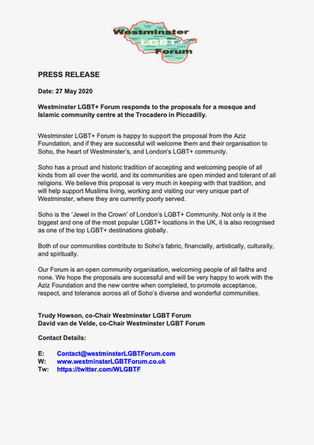 lgbtpoetlaureat's tweet image. Planning application for a Mosque at the Trocadero. This is Westminster LGBT+ Forum's response. 😊🌈👍🏿
#gaypride #equality  #respec