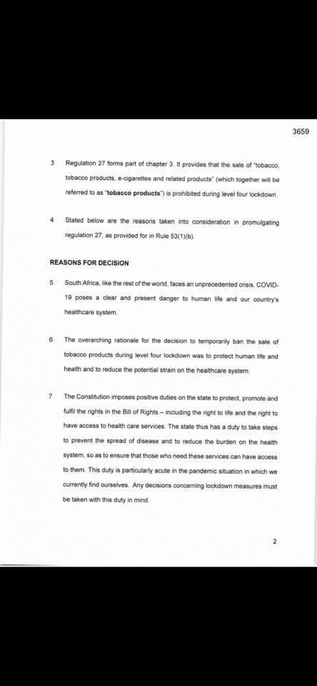 Old_Geee's tweet photo. Government reasons for not allowing cigarette sales. The constitution imposed positive duties on the state to protect , promote and fulfill the rights in the Bill of Rights

#Tobaccoban #Cigarettesmustfall https://t.co/s4YZjRtGAG