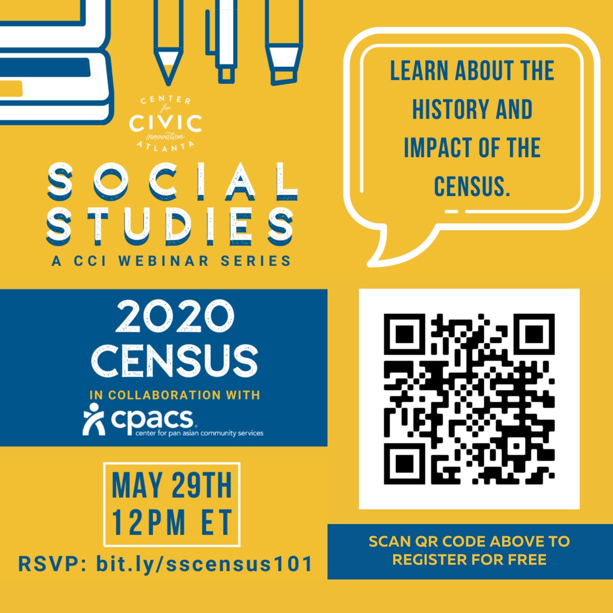 GA_Votes's tweet photo. Social Studies, an informative webinar series hosted by the Center for Civic Innovation, will highlight the importance of the #2020Census. Register now for FREE by scanning the QR CODE or ⁠by using the link: https://t.co/lpmiFoT3vz

#BeCounted #GeorgiaCounts #GoVoteGeorgia
⁠ https://t.co/YRT9qtIhmu