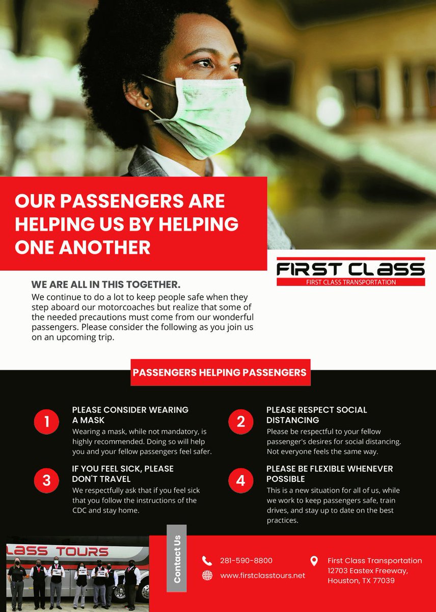 FirstClassTours's tweet image. Travel questions? We're here to help. We have a lot of people ask about things they can do while traveling with us to stay safe. Here are a few First Class Tips. #FirstClass  #LetsGoTogether