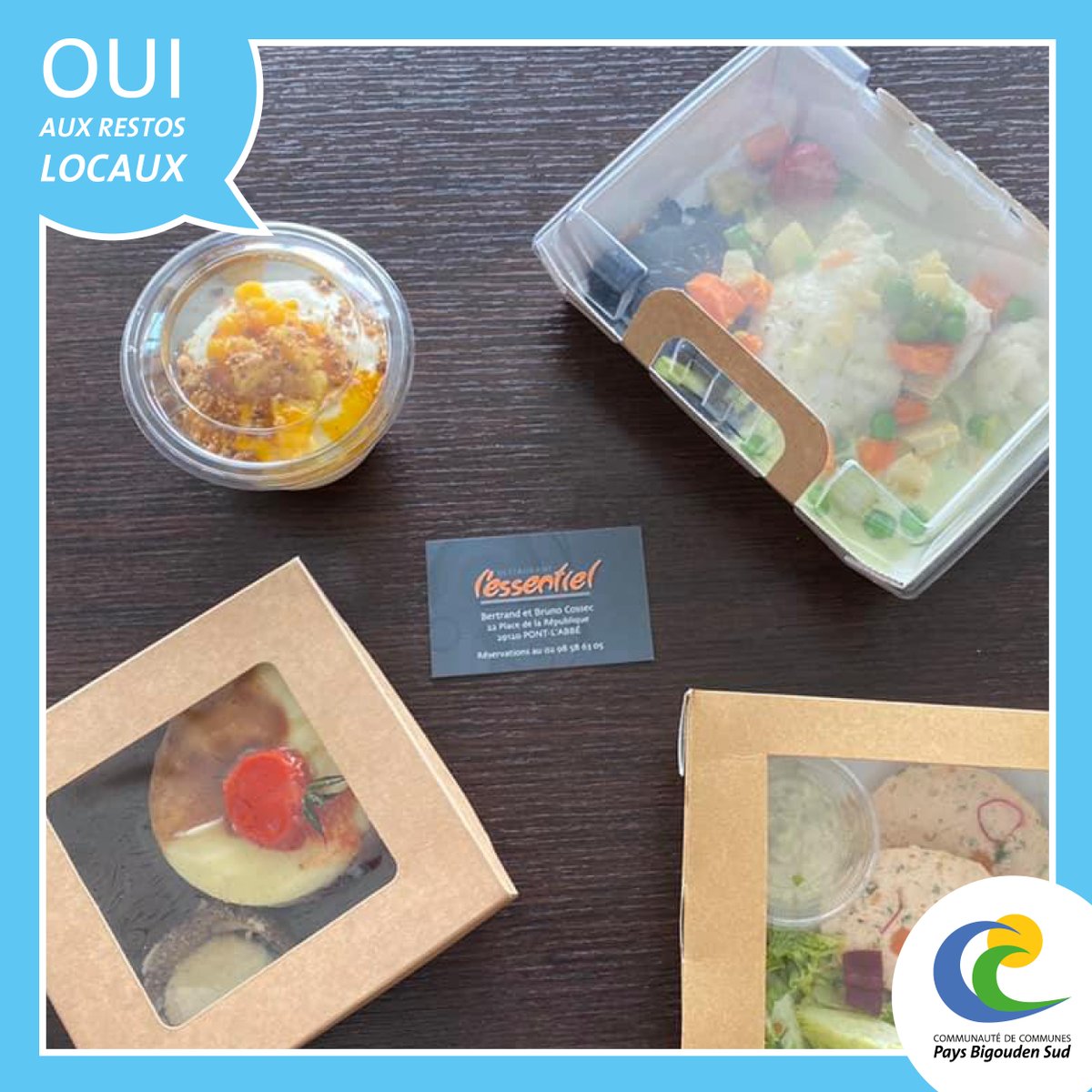 𝗠𝗮𝗻𝗴𝗲𝗼𝗻𝘀 𝗹𝗼𝗰𝗮𝗹 // 𝗦𝗼𝘂𝘁𝗲𝗻𝗼𝗻𝘀 𝗻𝗼𝘀 𝗿𝗲𝘀𝘁𝗮𝘂𝗿𝗮𝘁𝗲𝘂𝗿𝘀
L'essentiel à Pont l'Abbé propose des menus à emporter du vendredi soir au dimanche.
Réservation avant vendredi 15h au 07 61 74 38 59