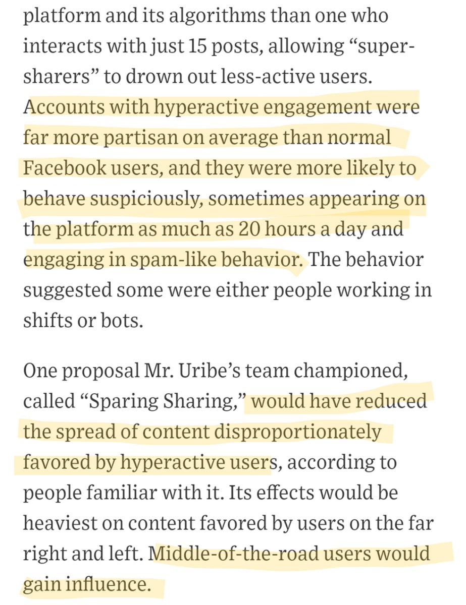In Facebook recommendation system, super-sharers drown out less-active users. Super-sharers are more likely to be hyper-partisan & engage in spam-like waysFacebook execs pushed back on proposal to reduce super-sharer influence since it might harm a hypothetical girl scout troop