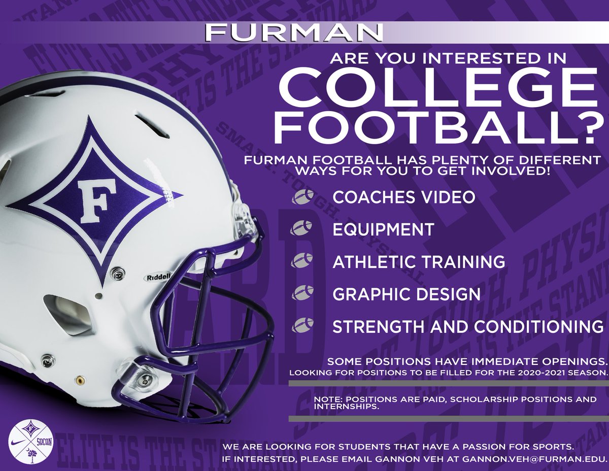 PaladinFootball's tweet photo. 🗣 all @FurmanU students!

Are you interested In 🏈? We have some great opportunities 🤔

#FUALLTheTime https://t.co/JZmDwqVd7a